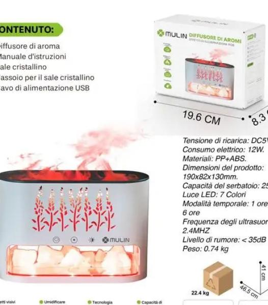 Diffuseur d’aromathérapie au sel de cristal de flamme de cheminée, diffuseur d’huiles essentielles 250 ml, diffuseur d’humidificateur d’arôme de flamme, lampe à sel de l’Himalaya, huile essentielle